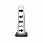 Black and white one way traffic flat cone sign with dual right pointing arrows above and below ONE WAY TRAFFIC lettering on white background for Los Angeles parking lot garage or private road