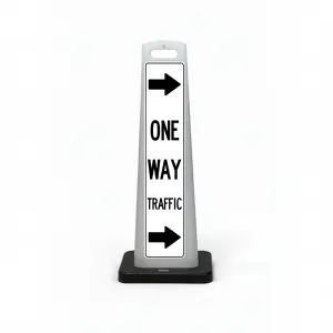 Black and white one way traffic flat cone sign with dual right pointing arrows above and below ONE WAY TRAFFIC lettering on white background for Los Angeles parking lot garage or private road