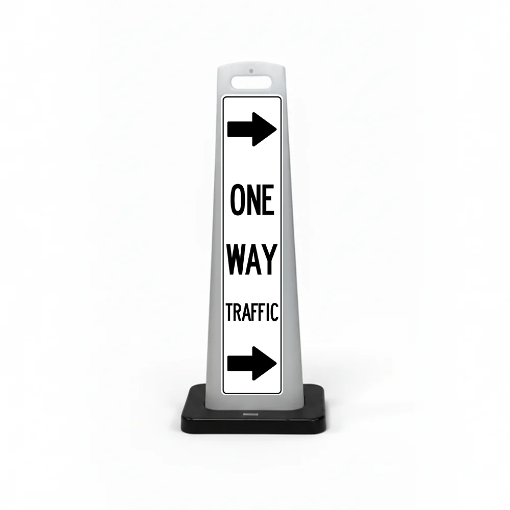 Black and white one way traffic flat cone sign with dual right pointing arrows above and below ONE WAY TRAFFIC lettering on white background for Los Angeles parking lot garage or private road