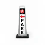 Black white and red park here flat cone sign with parking symbol on black header red left arrow and vertical PARK lettering on white background for Los Angeles parking lot event venue or valet operation