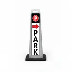 Black white and red park here flat cone sign with parking symbol on black header red right arrow and vertical PARK lettering on white background for Los Angeles parking lot event venue or valet operation