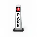 Black white and red park here flat cone sign with parking symbol on black header and vertical PARK lettering on white background for Los Angeles parking lot event venue or private property