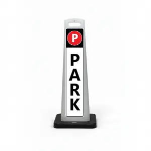 Black white and red park here flat cone sign with parking symbol on black header and vertical PARK lettering on white background for Los Angeles parking lot event venue or private property