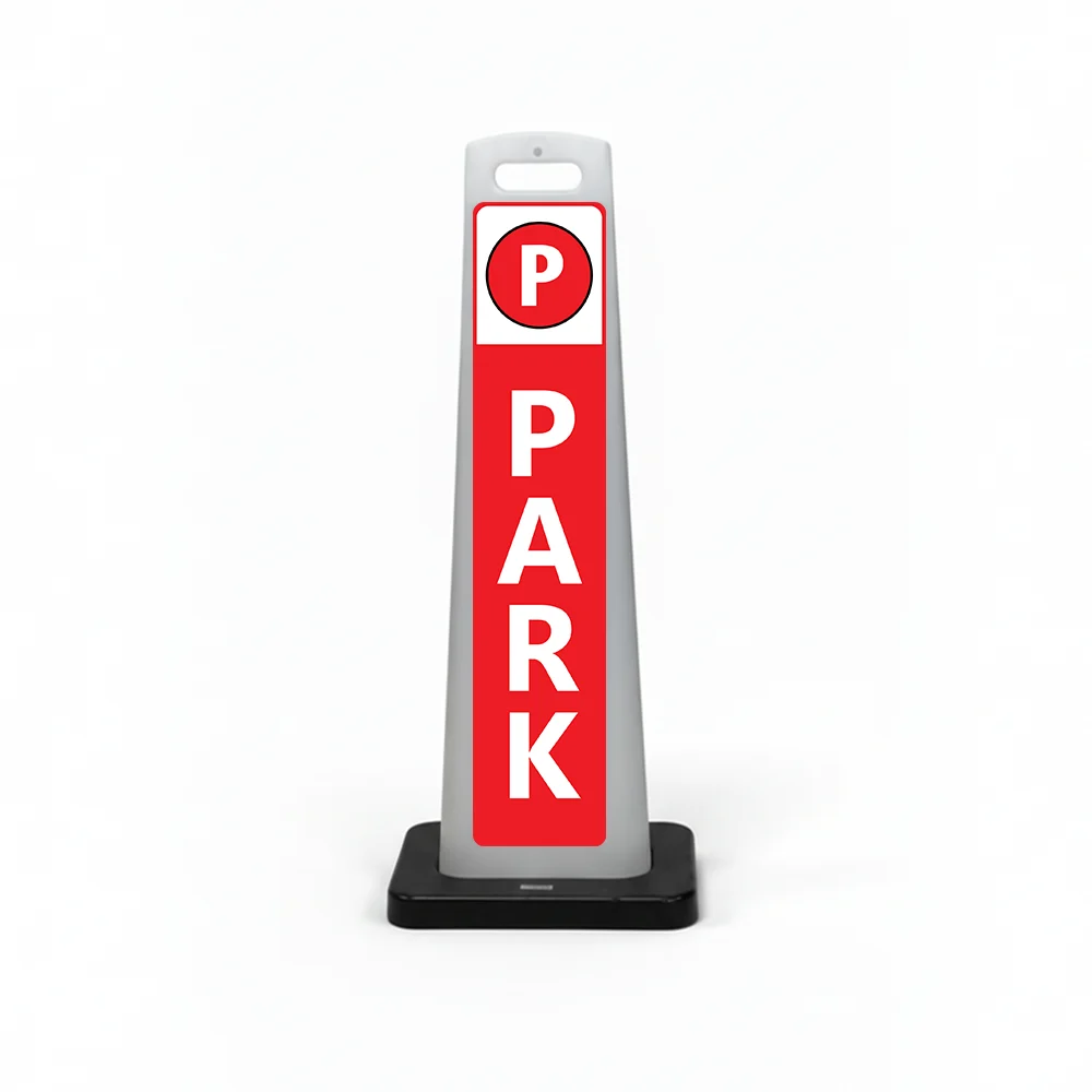 Red and white park here flat cone sign with parking symbol on white header and vertical PARK lettering on red background for Los Angeles parking lot event venue or shopping center