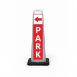 Red and white park here flat cone sign with red left arrow on white header and vertical PARK lettering on red background for Los Angeles parking lot event venue or valet operation