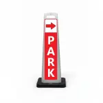 Red and white park here flat cone sign with red right arrow on white header and vertical PARK lettering on red background for Los Angeles parking lot event venue or valet operation