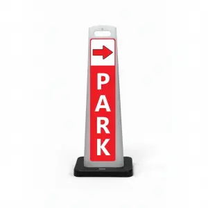 Red and white park here flat cone sign with red right arrow on white header and vertical PARK lettering on red background for Los Angeles parking lot event venue or valet operation