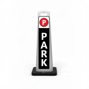 Black and white park here flat cone sign with red parking symbol on white header and vertical PARK lettering on black background for Los Angeles parking garage event venue or corporate property