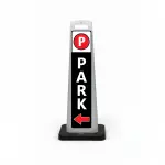 Black white and red park here flat cone sign with red parking symbol on white header white PARK lettering on black background and red left arrow at base for Los Angeles parking garage event venue or corporate campus