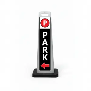 Black white and red park here flat cone sign with red parking symbol on white header white PARK lettering on black background and red left arrow at base for Los Angeles parking garage event venue or corporate campus