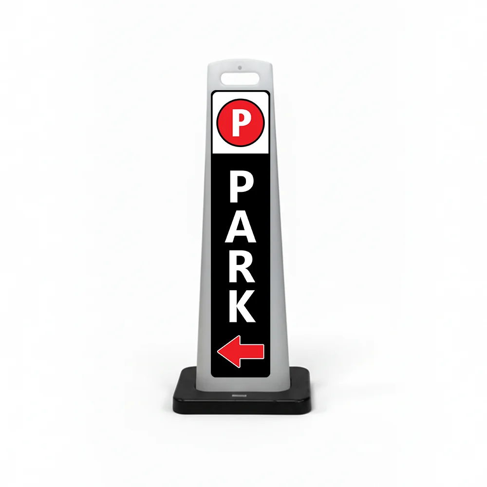 Black white and red park here flat cone sign with red parking symbol on white header white PARK lettering on black background and red left arrow at base for Los Angeles parking garage event venue or corporate campus