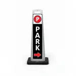 Black white and red park here flat cone sign with red parking symbol on white header white PARK lettering on black background and red right arrow at base for Los Angeles parking garage event venue or corporate campus