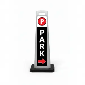 Black white and red park here flat cone sign with red parking symbol on white header white PARK lettering on black background and red right arrow at base for Los Angeles parking garage event venue or corporate campus