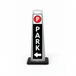 Black and white park here flat cone sign with red parking symbol on white header white PARK lettering on black background and white left arrow at base for Los Angeles parking garage hotel or corporate campus