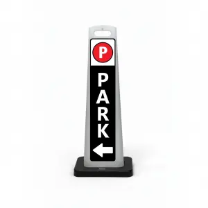 Black and white park here flat cone sign with red parking symbol on white header white PARK lettering on black background and white left arrow at base for Los Angeles parking garage hotel or corporate campus