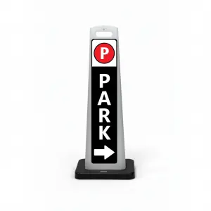 Black and white park here flat cone sign with red parking symbol on white header white PARK lettering on black background and white right arrow at base for Los Angeles parking garage hotel or corporate campus