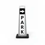Black and white park here flat cone sign with white right arrow on black header and vertical PARK lettering on white panel for Los Angeles parking lot garage or shopping center