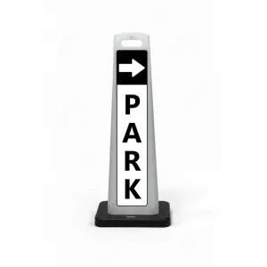 Black and white park here flat cone sign with white right arrow on black header and vertical PARK lettering on white panel for Los Angeles parking lot garage or shopping center