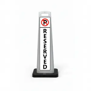 Black white and red reserved no parking flat cone sign with no parking symbol and vertical RESERVED lettering on white background for Los Angeles office building residential complex or medical facility