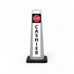 Black white and red stop cashier flat cone sign with STOP symbol on black header and vertical CASHIER lettering on white background for Los Angeles parking garage gated lot or event parking facility