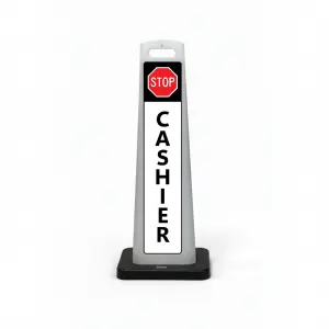Black white and red stop cashier flat cone sign with STOP symbol on black header and vertical CASHIER lettering on white background for Los Angeles parking garage gated lot or event parking facility