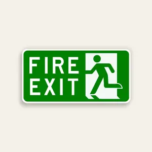 Horizontal green 14x7 Maxmetal sign with bold white FIRE EXIT text on left half and white door silhouette with green running figure emergency exit pictogram on right half, full green background.