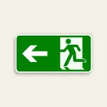 Horizontal green 14x7 Maxmetal sign with large white left-pointing arrow on left half and white door silhouette with green running figure ISO exit pictogram on right half, full green background, no text.