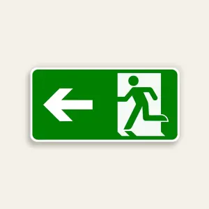 Horizontal green 14x7 Maxmetal sign with large white left-pointing arrow on left half and white door silhouette with green running figure ISO exit pictogram on right half, full green background, no text.