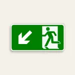 Horizontal green 14x7 Maxmetal sign with large white diagonal down-left arrow on left half and white door silhouette with green running figure ISO exit pictogram on right half, full green background, no text.