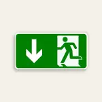 Horizontal green 14x7 Maxmetal sign with large white downward-pointing arrow on left half and white door silhouette with green running figure ISO exit pictogram on right half, full green background, no text.