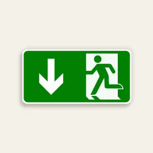 Horizontal green 14x7 Maxmetal sign with large white downward-pointing arrow on left half and white door silhouette with green running figure ISO exit pictogram on right half, full green background, no text.