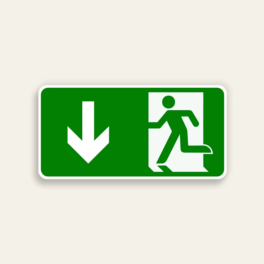 Horizontal green 14x7 Maxmetal sign with large white downward-pointing arrow on left half and white door silhouette with green running figure ISO exit pictogram on right half, full green background, no text.