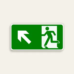 Horizontal green 14x7 Maxmetal sign with large white diagonal up-left arrow on left half and white door silhouette with green running figure ISO exit pictogram on right half, full green background, no text.