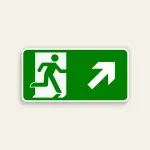 Horizontal green 14x7 Maxmetal sign with white door silhouette and green running figure ISO exit pictogram on left half and large white diagonal up-right arrow on right half, full green background, no text.