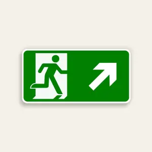 Horizontal green 14x7 Maxmetal sign with white door silhouette and green running figure ISO exit pictogram on left half and large white diagonal up-right arrow on right half, full green background, no text.