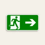Horizontal green 14x7 Maxmetal sign with white door silhouette and green running figure ISO exit pictogram on left half and large white right-pointing arrow on right half, full green background, no text.