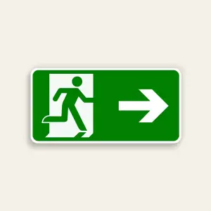 Horizontal green 14x7 Maxmetal sign with white door silhouette and green running figure ISO exit pictogram on left half and large white right-pointing arrow on right half, full green background, no text.
