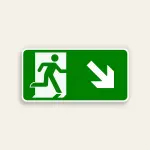 Horizontal green 14x7 Maxmetal sign with white door silhouette and green running figure ISO exit pictogram on left half and large white diagonal down-right arrow on right half, full green background, no text.
