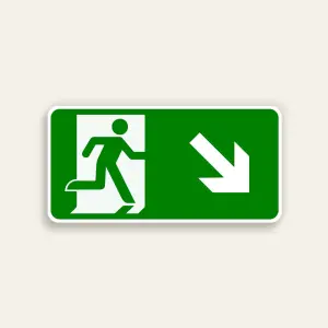 Horizontal green 14x7 Maxmetal sign with white door silhouette and green running figure ISO exit pictogram on left half and large white diagonal down-right arrow on right half, full green background, no text.