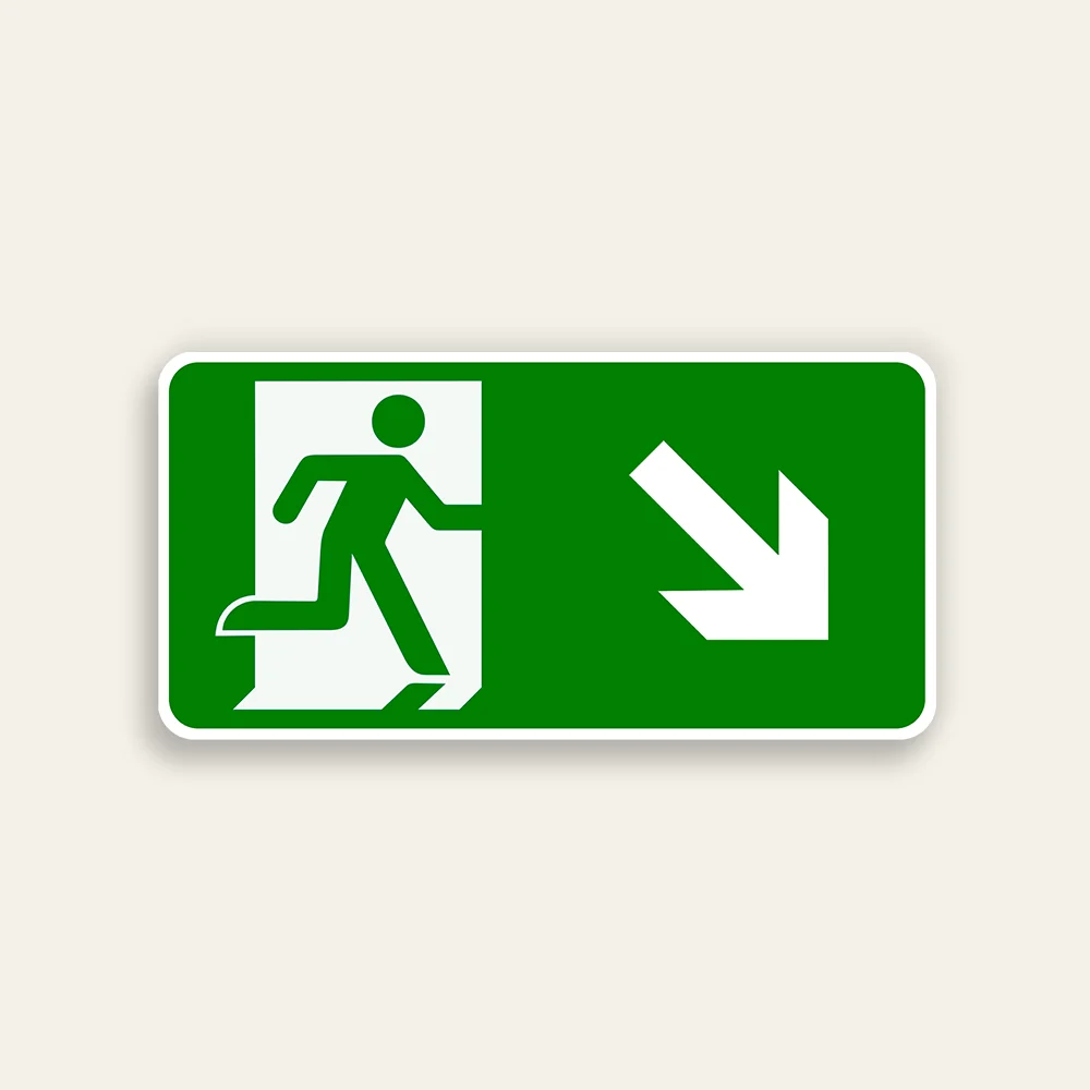 Horizontal green 14x7 Maxmetal sign with white door silhouette and green running figure ISO exit pictogram on left half and large white diagonal down-right arrow on right half, full green background, no text.