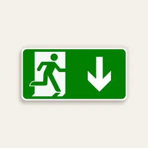 Horizontal green 14x7 Maxmetal sign with white door silhouette and green running figure ISO exit pictogram on left half and large white straight downward arrow on right half, full green background, no text.