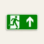 Horizontal green 14x7 Maxmetal sign with white door silhouette and green running figure ISO exit pictogram on left half and large white straight upward arrow on right half, full green background, no text.