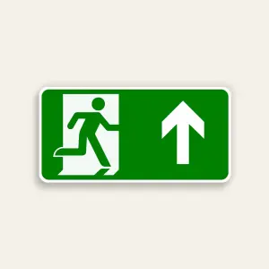 Horizontal green 14x7 Maxmetal sign with white door silhouette and green running figure ISO exit pictogram on left half and large white straight upward arrow on right half, full green background, no text.
