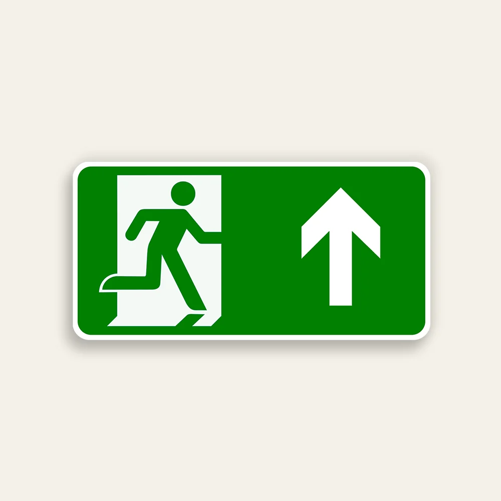 Horizontal green 14x7 Maxmetal sign with white door silhouette and green running figure ISO exit pictogram on left half and large white straight upward arrow on right half, full green background, no text.