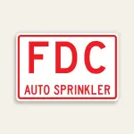 White and red 18x12 horizontal Maxmetal sign with red border, large bold red FDC letters in upper zone and smaller AUTO SPRINKLER text in lower zone on white panel.