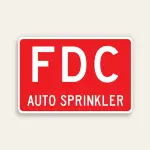Full red 18x12 horizontal Maxmetal sign with large bold white FDC letters in upper zone and smaller white AUTO SPRINKLER text in lower zone on red panel, no border.