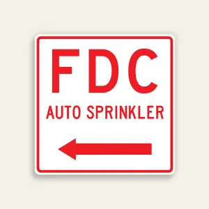 White and red 18x18 square Maxmetal sign with red border, large bold red FDC letters at top, AUTO SPRINKLER in smaller red text below, and full-width red left-pointing arrow at bottom.