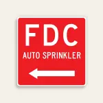 Full red 18x18 square Maxmetal sign with large bold white FDC letters at top, AUTO SPRINKLER in white text below, and full-width white left-pointing arrow at bottom, no border.