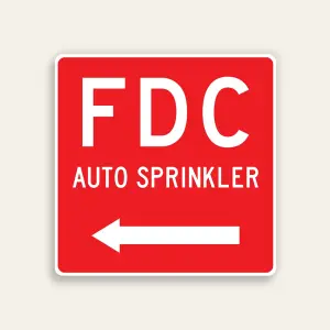 Full red 18x18 square Maxmetal sign with large bold white FDC letters at top, AUTO SPRINKLER in white text below, and full-width white left-pointing arrow at bottom, no border.