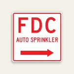 White and red 18x18 square Maxmetal sign with red border, large bold red FDC letters at top, AUTO SPRINKLER in smaller red text below, and full-width red right-pointing arrow at bottom.